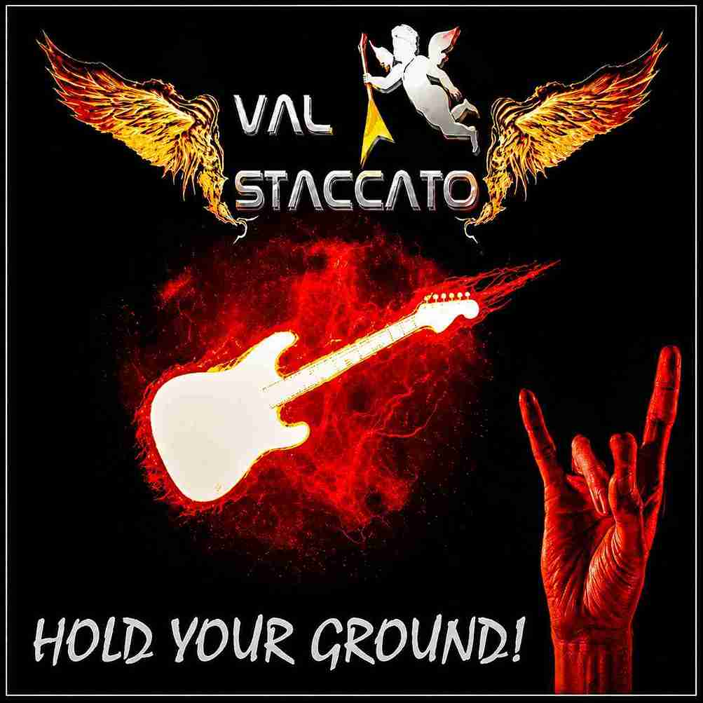 Val Staccato Hold Your Ground single cover 2015 flaming guitar rock hand sign red fire instrumental rock Peru