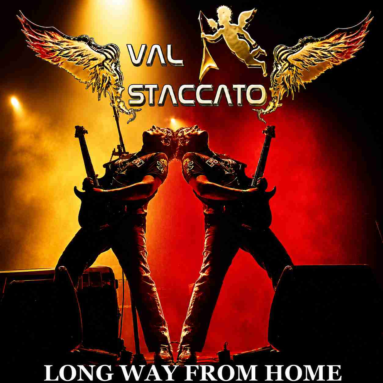 Val Staccato Long Way from Home single cover 2015 guitarist stage red light mirrored silhouette instrumental rock Peru