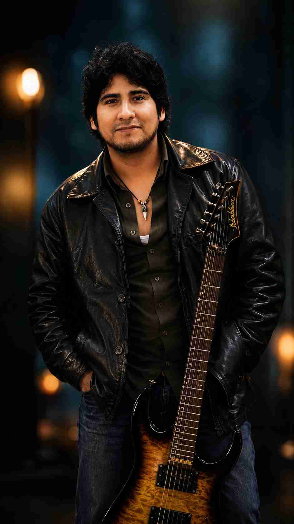 Val Staccato Peruvian musician artist portrait wearing black leather jacket Lima Peru 2026
